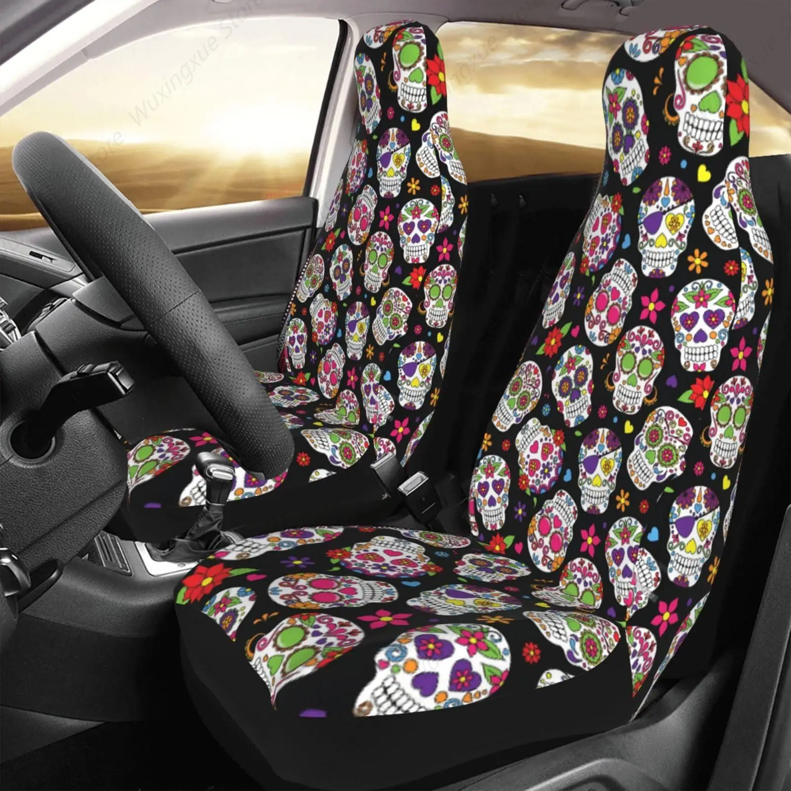 Day of The Dead Sugar Skull Car Seat Covers for Women,Universal Auto Front Seats Protector Fits for Car,SUV Sedan,Truck, Black