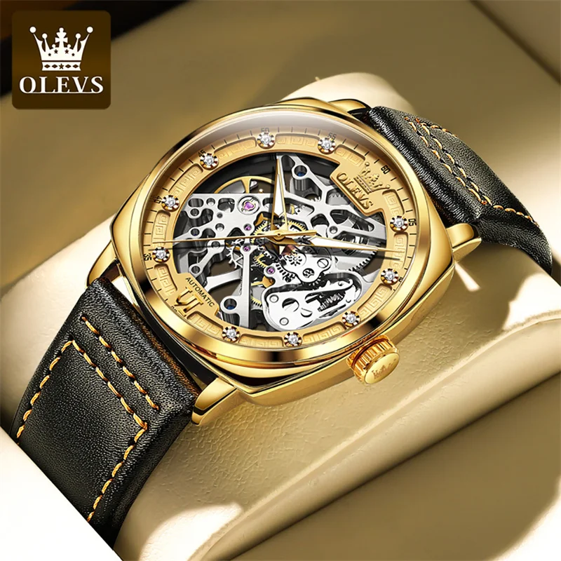 OLEVS Automatic Watch for Men Square Vintage Skeleton Mechanical Dial Leather Luxury Brand Men's Watches Fashion Reloj Hombre