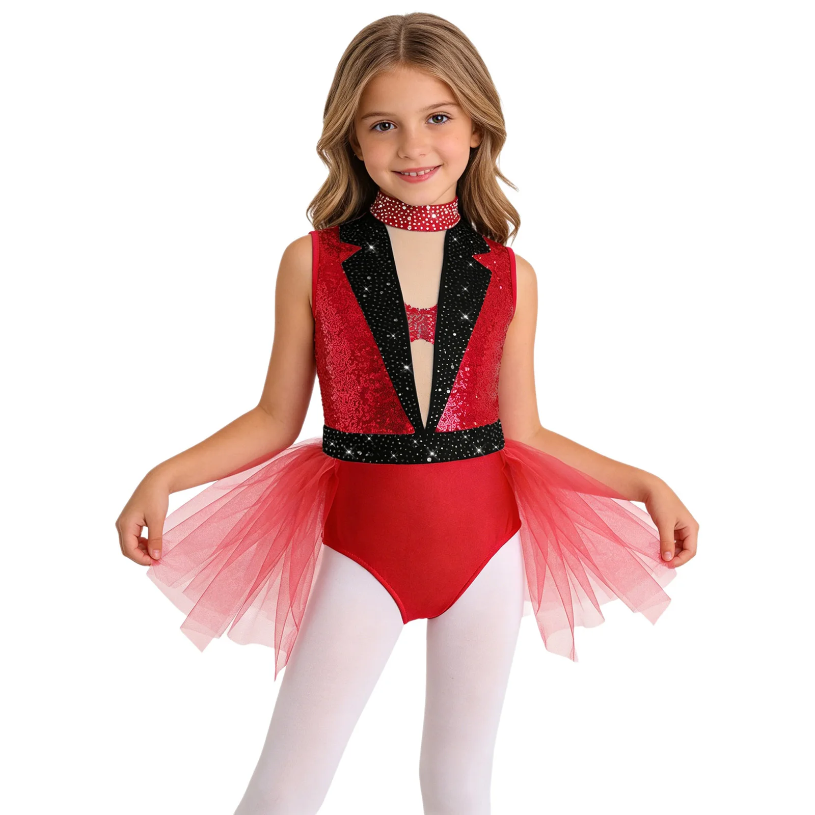 

Kids Girls Jazz Dance Figure Skating Costume Shiny Sequins Sleeveless Mesh Tulle Skirted Bodysuit Ballet Gymnastics Leotard