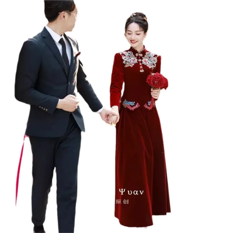 فستان شيونغسام جديد على الطراز الصيني نخب وتعزيز مأدبة ملابس مخملية بأكمام طويلة #5