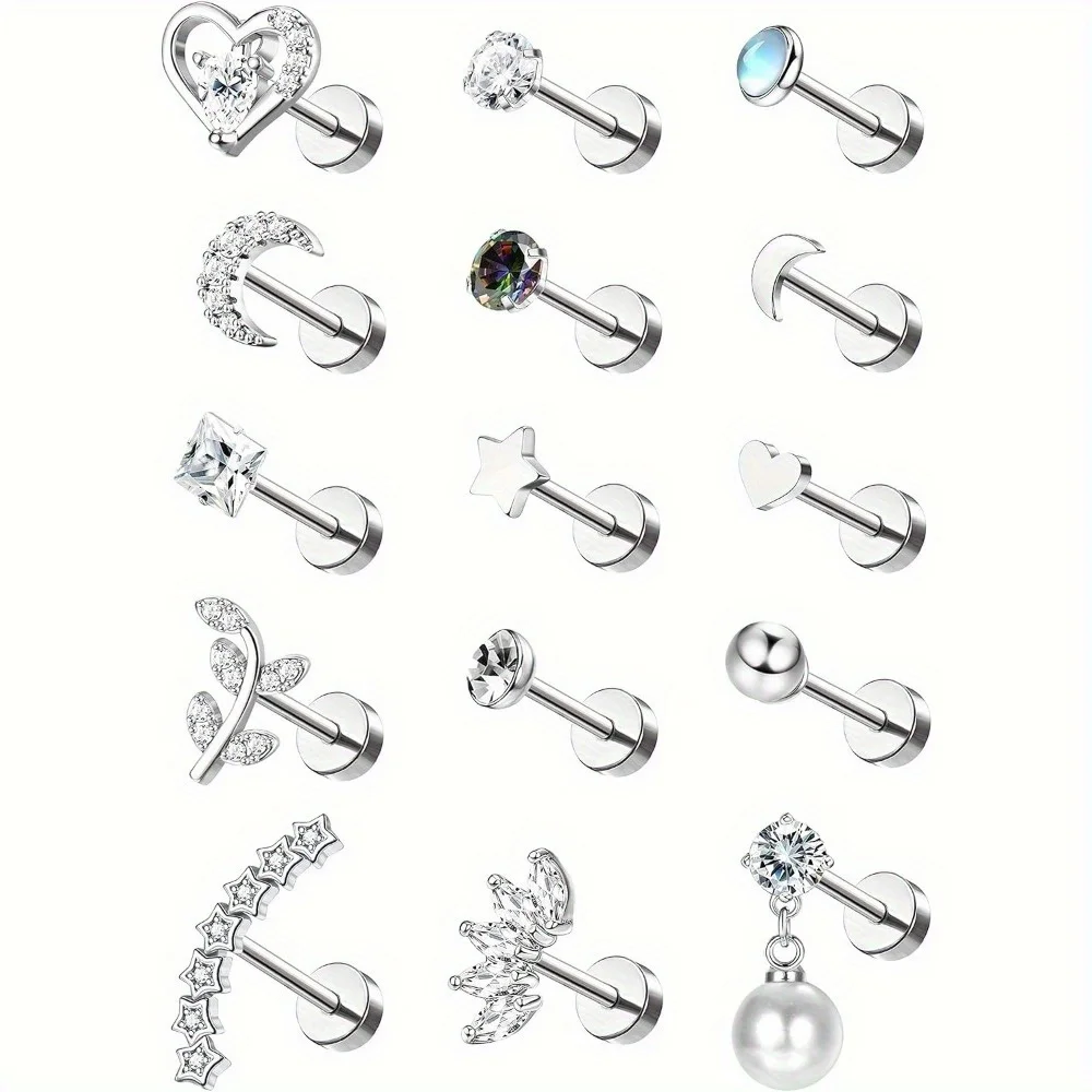 

IRONBOX 1Pc Stainless Steel 16G Cartilage Studs Earring for Women with Small Opal CZ , Labret Stud Lip Nose Piercing Jewelry