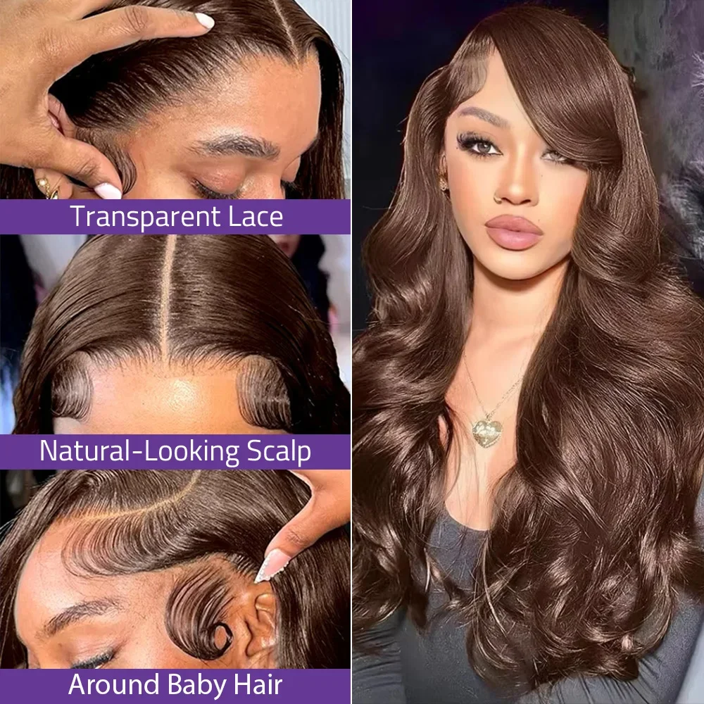 Body Wave 200% Density Chocolate Brown Lace Front Human Hair Wig Brazilian 13x6 HD Transparent Lace Frontal Wigs Pre Plucked For Women 36 46 Inches