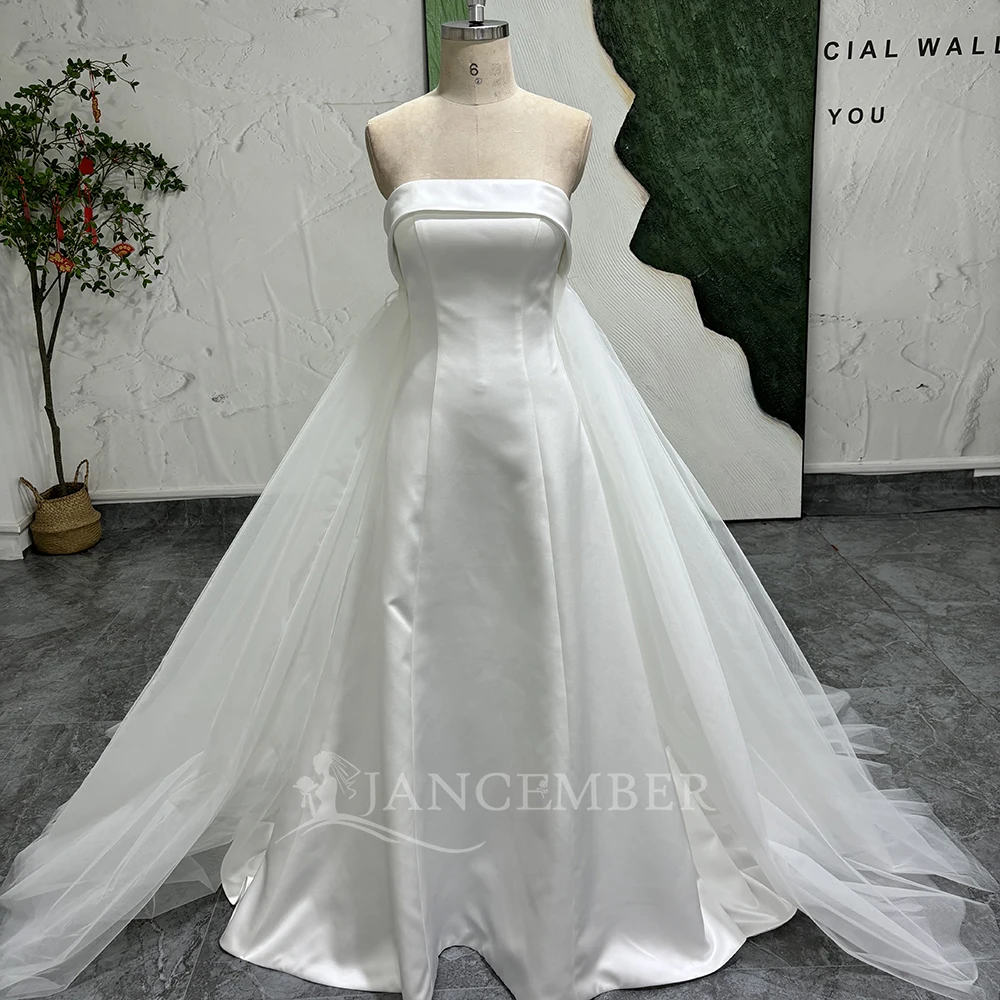 

Customized Elegant Strapless Lace Wedding Dress A-line Beaded Pearls Court Train Satin Bridal Gown vestido de novia