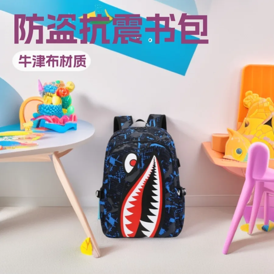 

【Spot goods】- primary school students children's schoolbag shark pattern printed bag simple large-capacity waterproof backpack