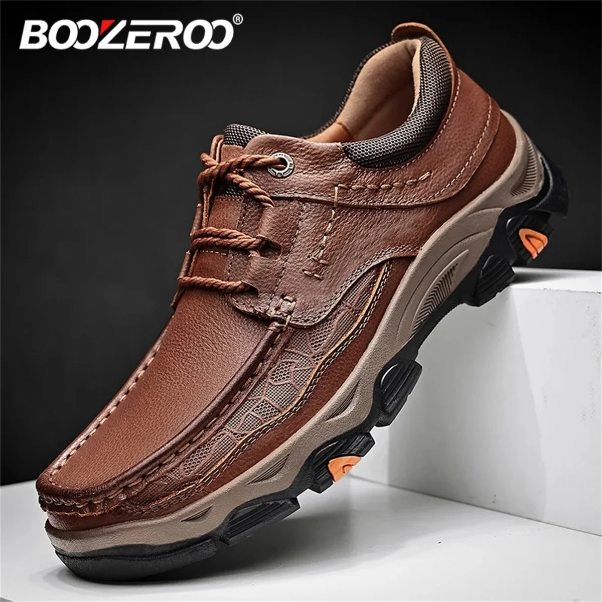 BOOZEROO Fashionable Handmade Casual Men's Leather Shoes Comfortable and Breathable Flats Outdoor Hiking Sneaker