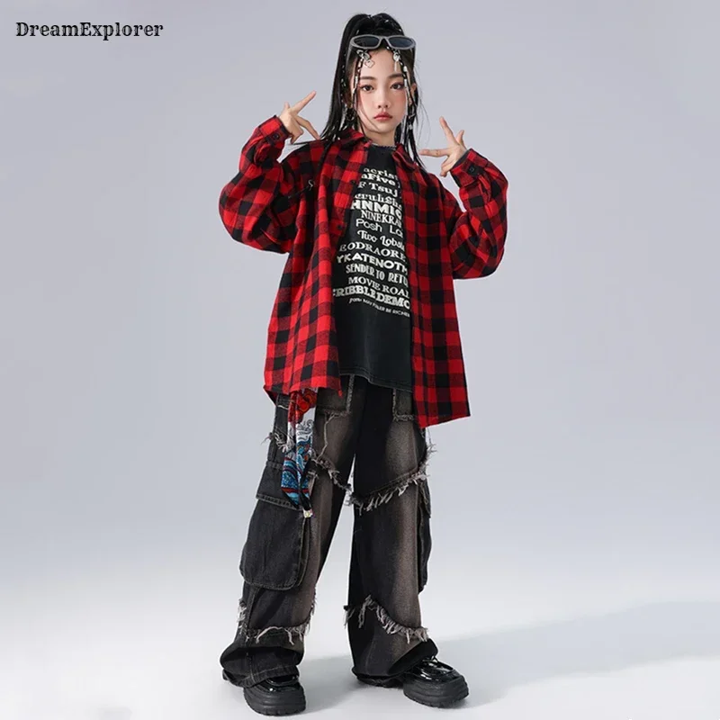 Boys Hip Hop Denim Vest Loose Cargo Jeans Pants Girls Street Dance Plaid Shirt Kids Jazz K-pop Clothes Sets Children Streetwear