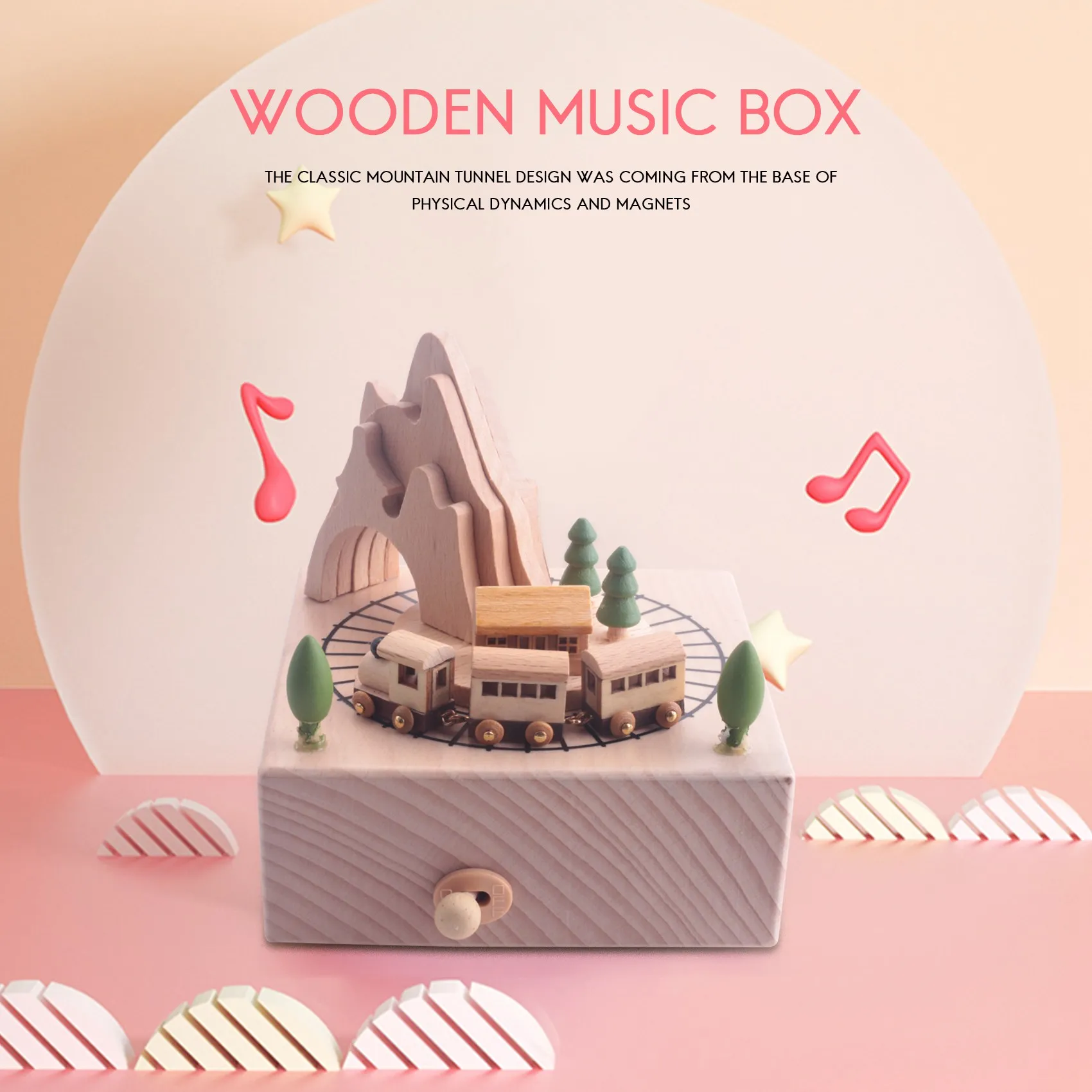 Wooden Musical Box Featuring Mountain Tunnel With Small Moving Magnetic Train Plays