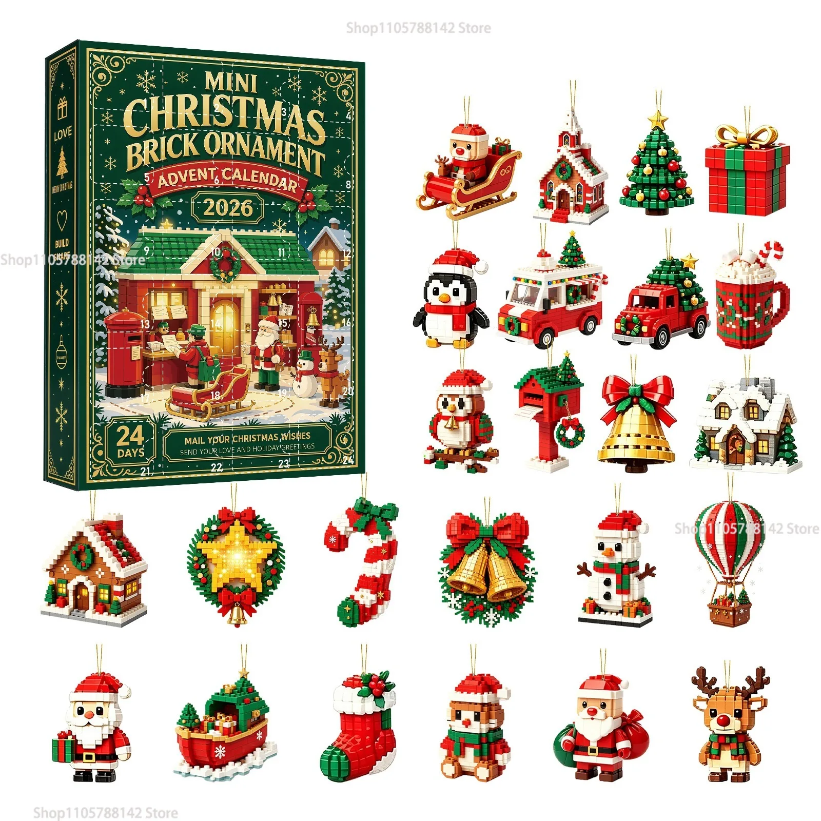 2026 Christmas Brick Ornament Advent Calendar 24-Day,Multiple styles Unique Designs,Hanging Loops Included, Holiday Countdown