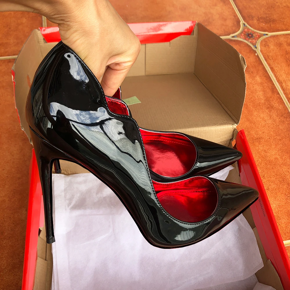 Heelgoo Elegant Glossy Black Curl Cut Women Pointy Toe 12cm High Heel Shoes Sexy V Cut Lady Party Wedding Stiletto Pumps Size46 image 2