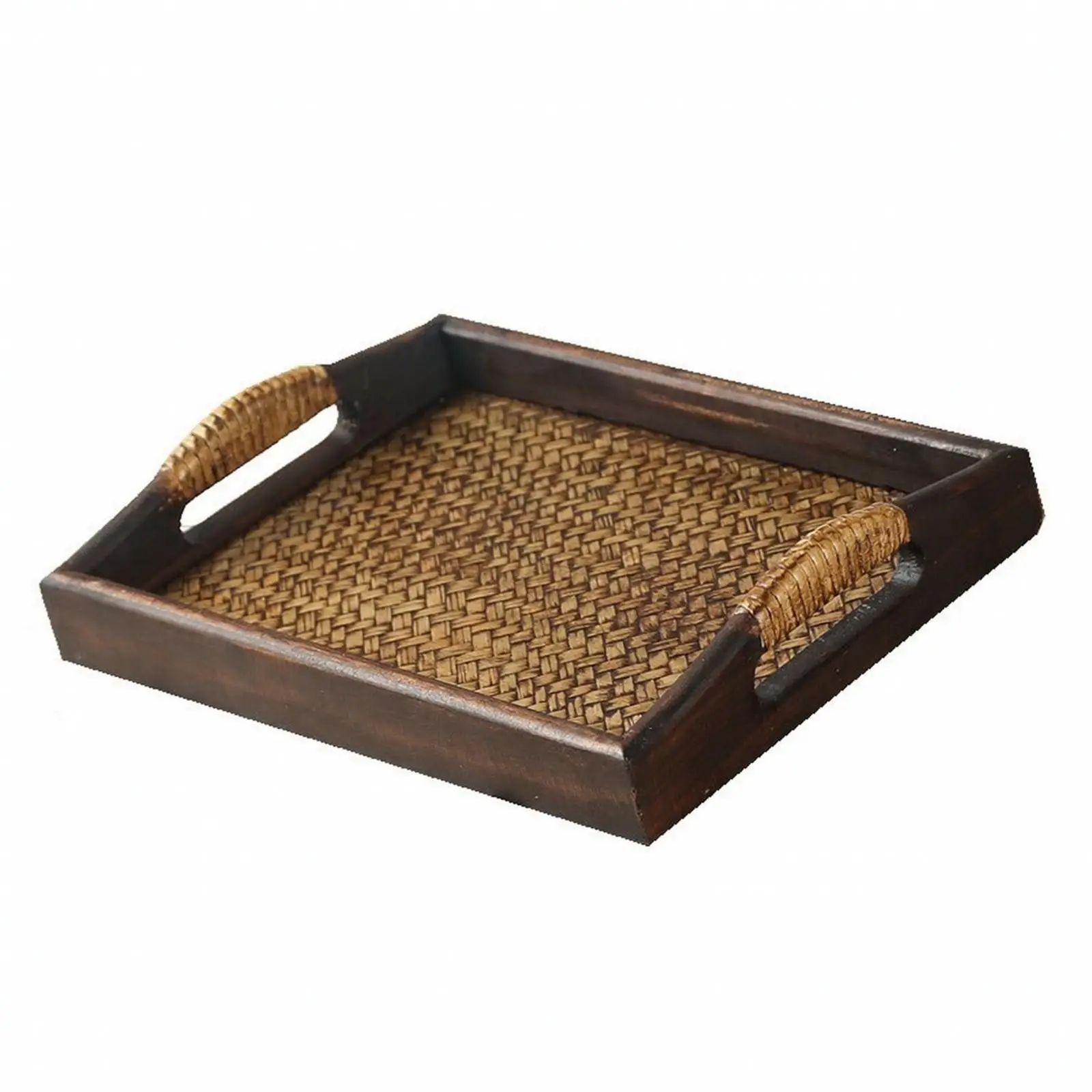 Southeast Asian Wooden Tray with Natural Weave for Bathroom Counter and Shelf Decor
