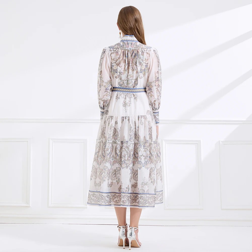 Jesienna Francuska Suknia Wieczorowa w Stylu Retro Królewskiego Dworu Damska Sukienka z Stójką Zapinana na Guziki z Nadrukiem Długa Elegancka Sukienka na Imprezę Formalną