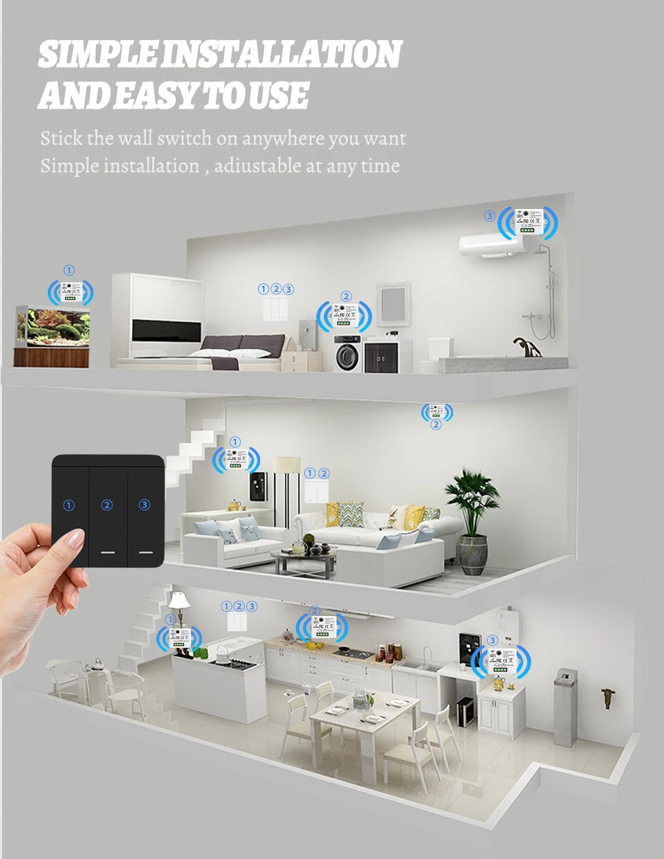 Wireless ON OFF Switch RF433 Module Remote Control Light Switch 1/2/3 Gang Wall Switch for Light Bulb Chandelier 10A 110V 220V