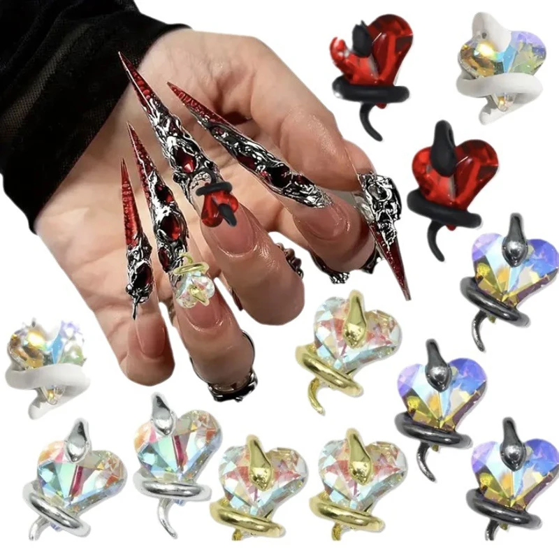 10Pcs Red Crystal Hearts Snake Nail Art Charm 3D Metal Chinese Zodiac Snake Surround Diamond Nail Decoration DIY Nail Accessorie