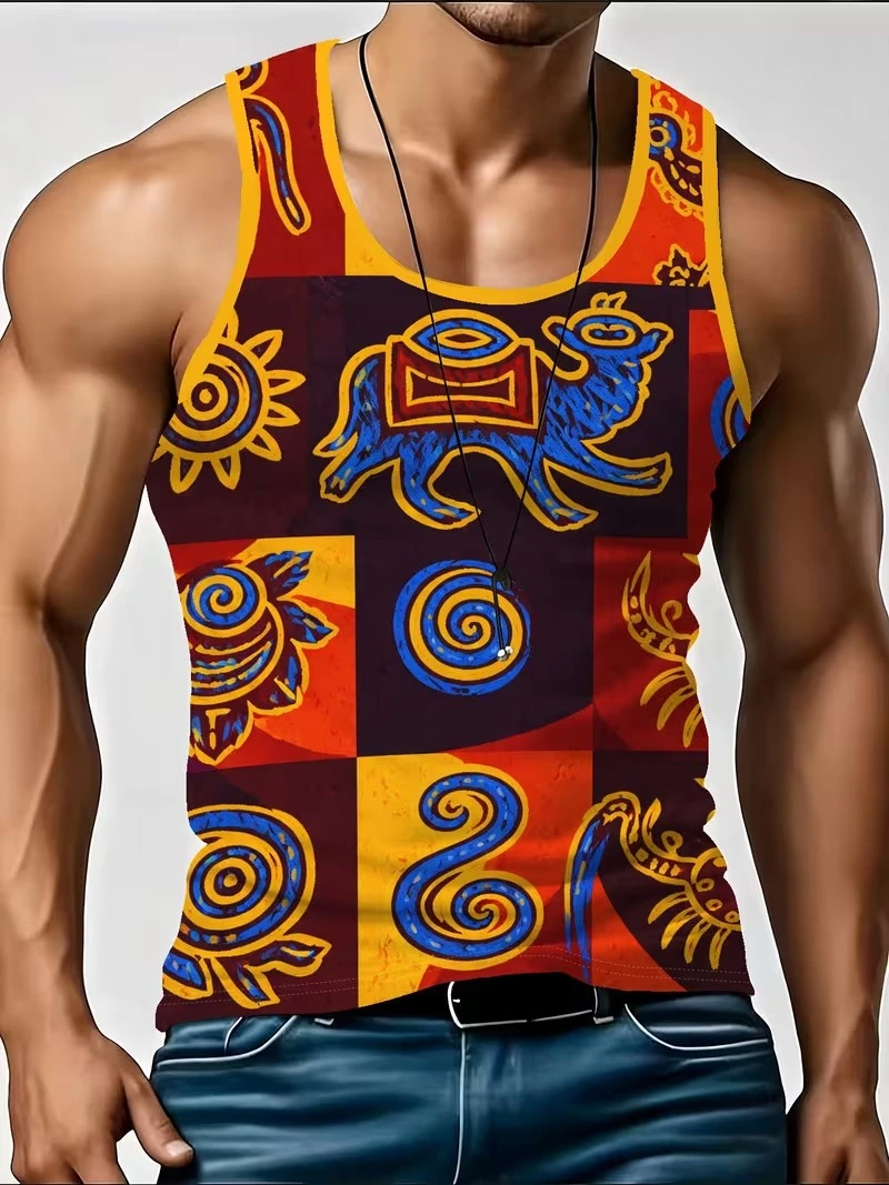 Men African Ethnic 3D Print Tank Top Vintage Camel Totem Graphic Sleeveless Shirt Casual Gym Beach Summer Breathable Street Tops
