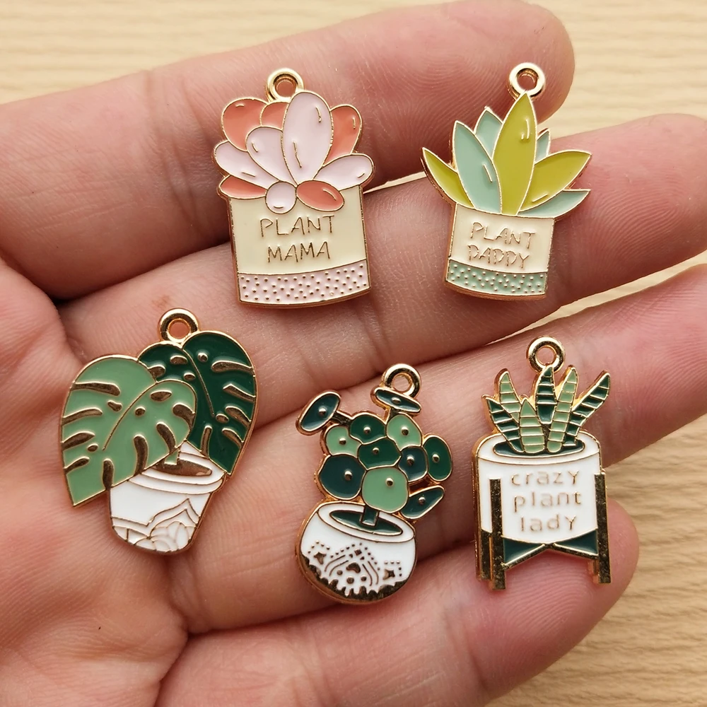 10pcs Pot Plant Charm for Jewelry Making Enamel Pendant Diy Accessories Zinc Alloy Gold Plated