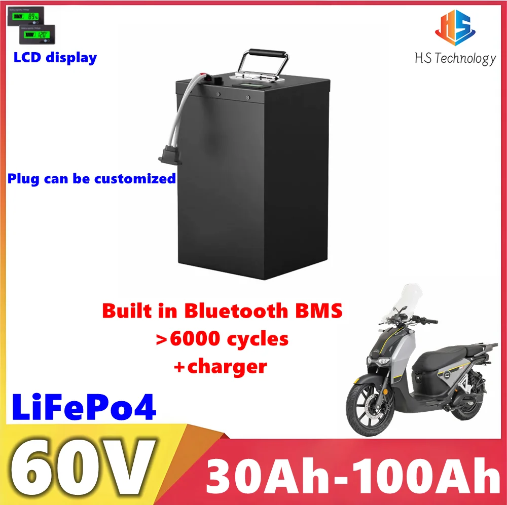 

HS 60V 30Ah Lifepo4 40Ah 50Ah 60Ah 70Ah 80Ah 90Ah 100Ah Lithium battery For 1800W 3000W Two-Wheeler Motorcycle Scooter Tricycle