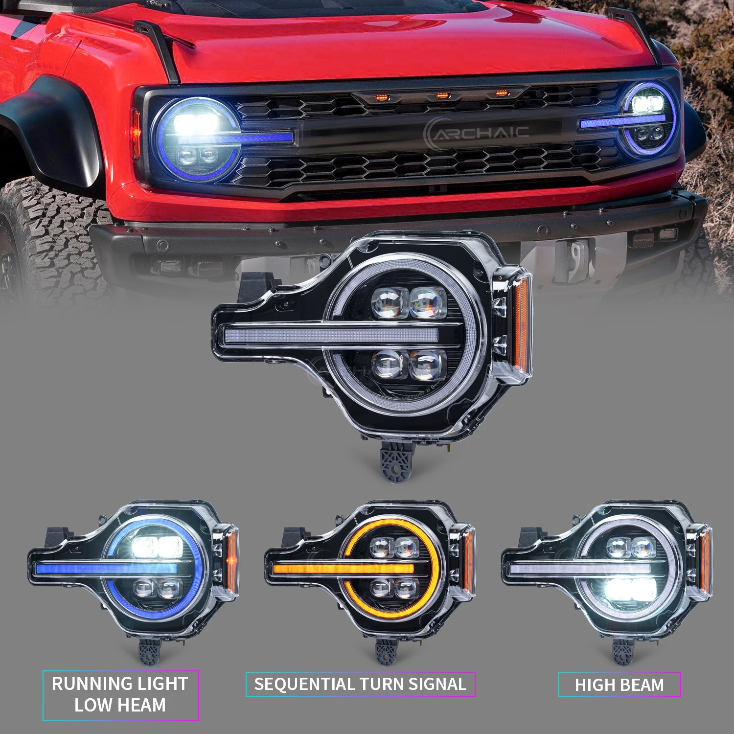 Full LED Headlight for Bronco Raptor 2021-2024 DRL Sequential RGB Colorful Lights App Control 12V New Plug & Play 6000 Lumens