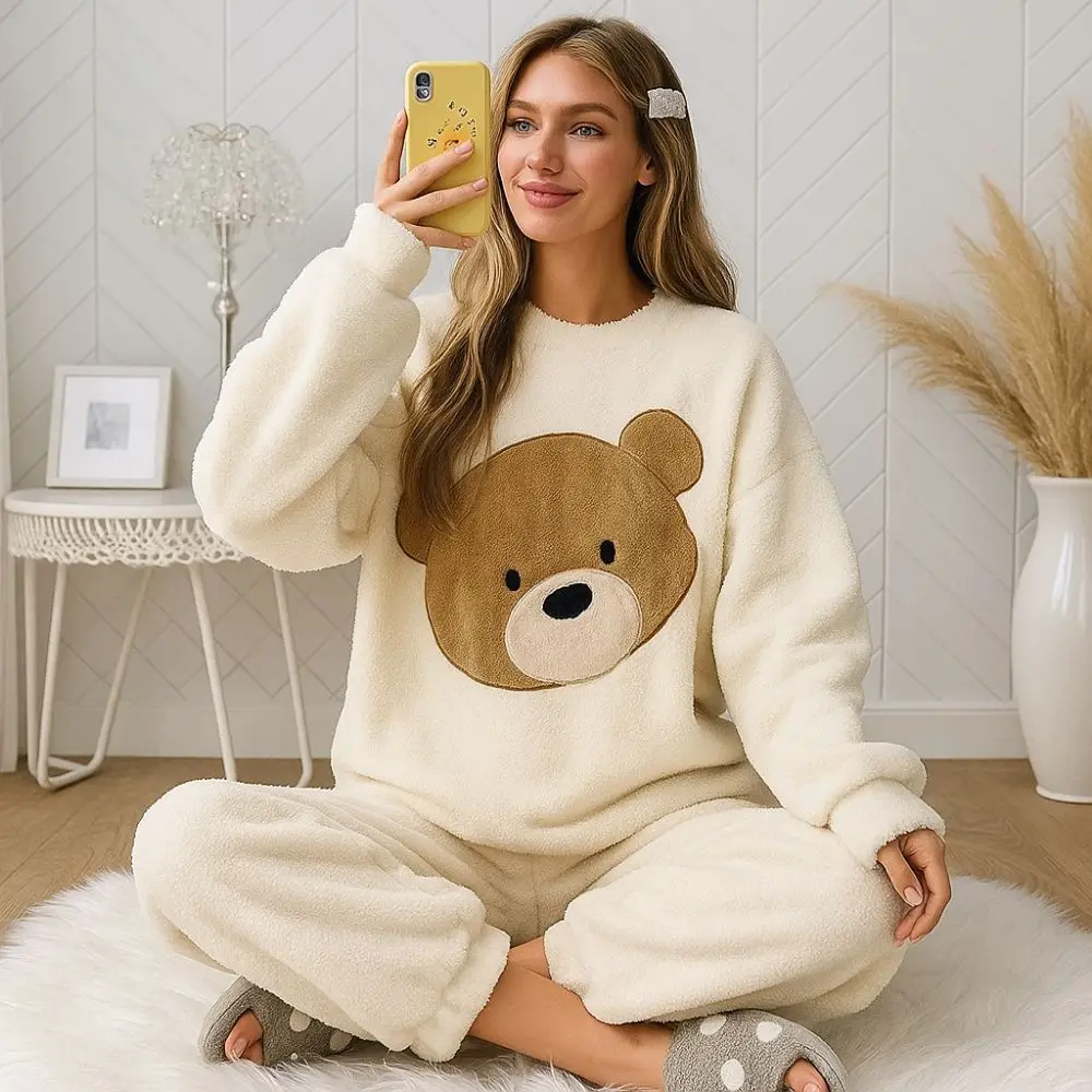 Flannel Winter Women's Sleepwear Set Sweet Matching Pants and Top Warm Pajamas Bear Pattern Comfortable Home Clothes