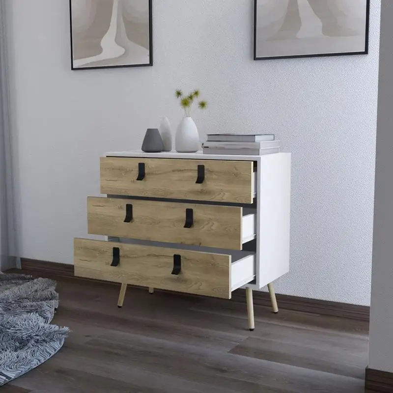 Lemari Laci Modern Chic 3-Laci dengan Kaki Kayu untuk Solusi Penyimpanan yang Bergaya