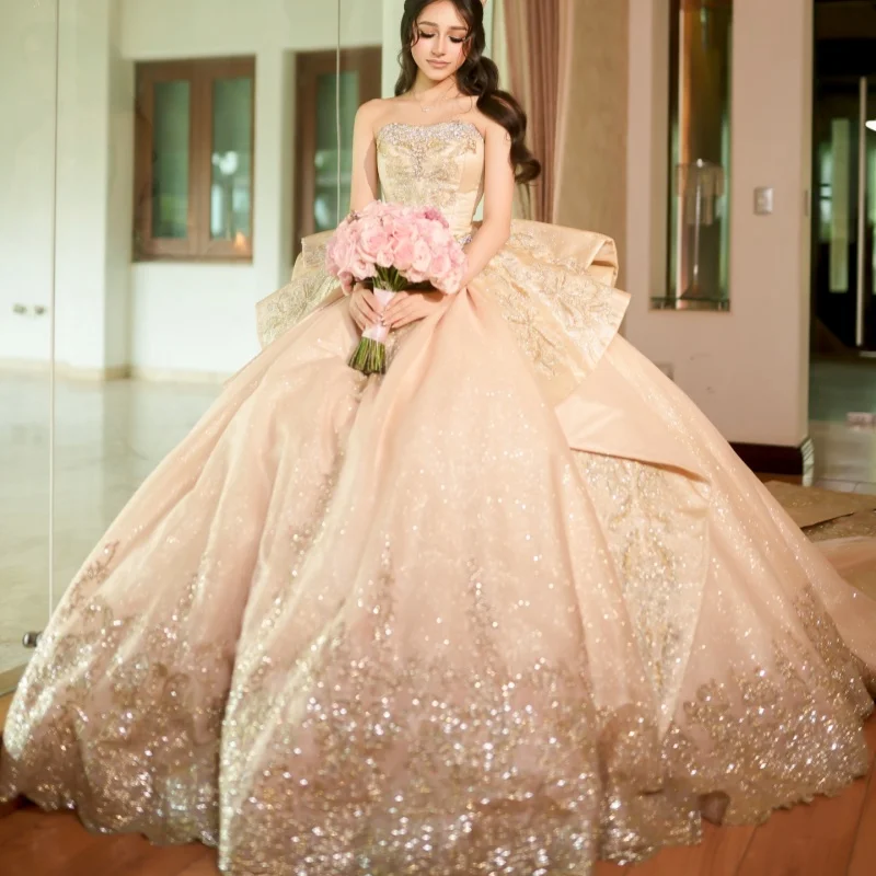 Light Champagne Quinceanera Dresses Off the Shoulder Decal Crystal Lace Long tail Bow Vestido De 15 Quinceanera Customize 5