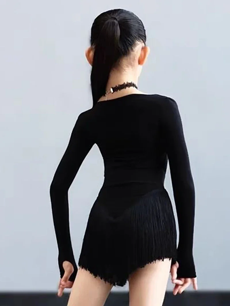 Costume fendu de classement pour femmes, vêtements de danse de salle de bal, uniforme de danse latine pour enfants filles, robe de compétition en maille à manches longues