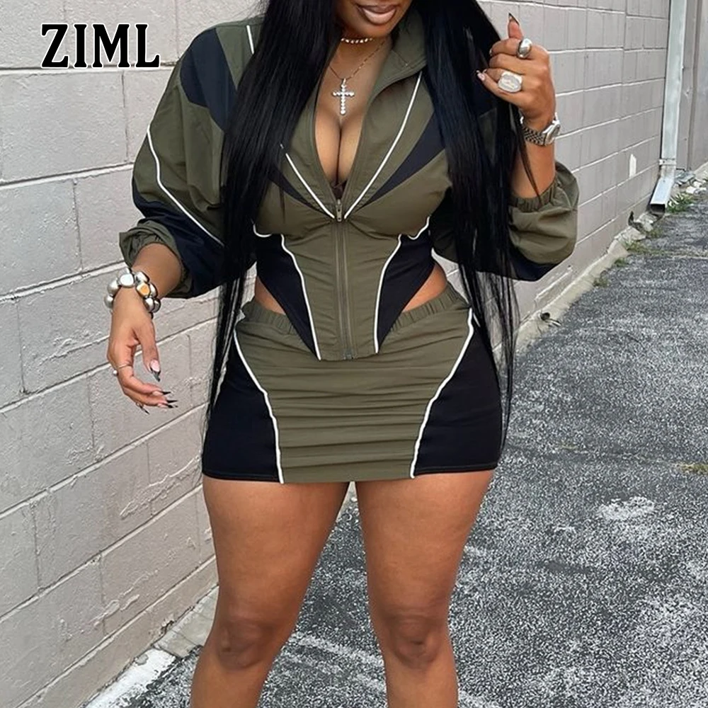

ZIML Hit Color Slimming Two Piece Sets for Women Lapel Long Sleeve Tops High Waist Short Skirts Sexy Chic Set Female Fashion New