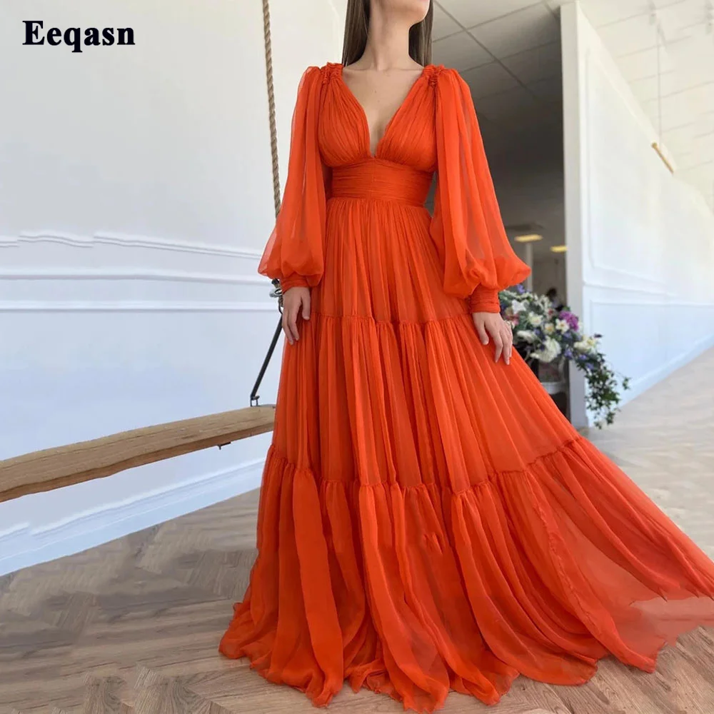 

Bafftafe A Line Pleated Orange Chiffon Prom Dresses Customized Puff Long Sleeves V Neck Women Evening Dress Formal Party Gowns