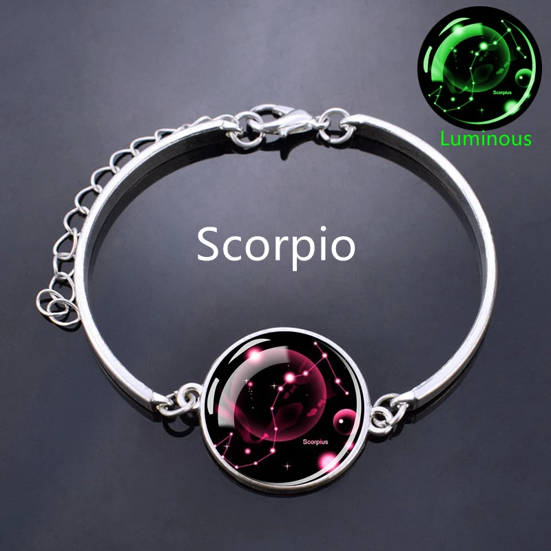 Glow In The Dark Zodiac Signs Silver Plated Bracelet for Men Women Virgo Libra Scorpio Aries Taurus Bracelets Birthday Gift