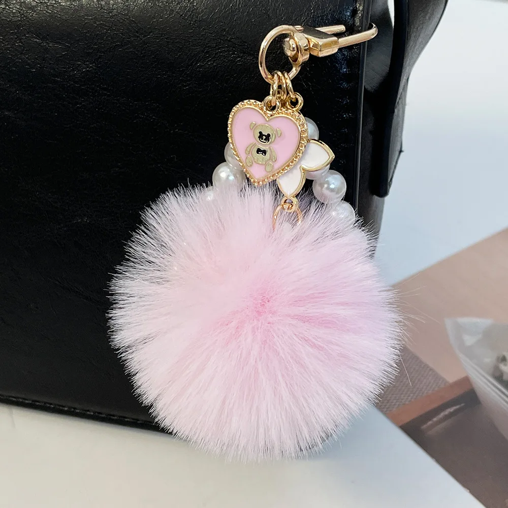 

Hot Selling Kawaii Cute Bear Keychain for Women Gummy Bear Pom Pom Key Chain Girly Wristlet Keychain Faux Pearl for Backpack