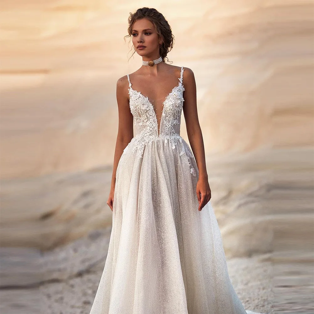 Robe de mariée A-ligne avec appliques en dentelle et perles, robe de mariée Boho, col en V, bretelles spaghetti, robe de patients, robe éducative