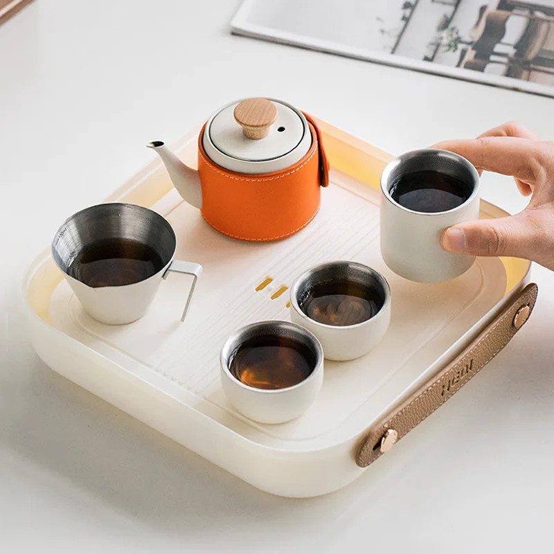 

Чайный сервиз кунг-фу из нержавеющей стали, портативная дорожная чайная посуда с дорожным пакетом, 4 чашки, китайский чайный сервиз кунг-фу, дорожный набор