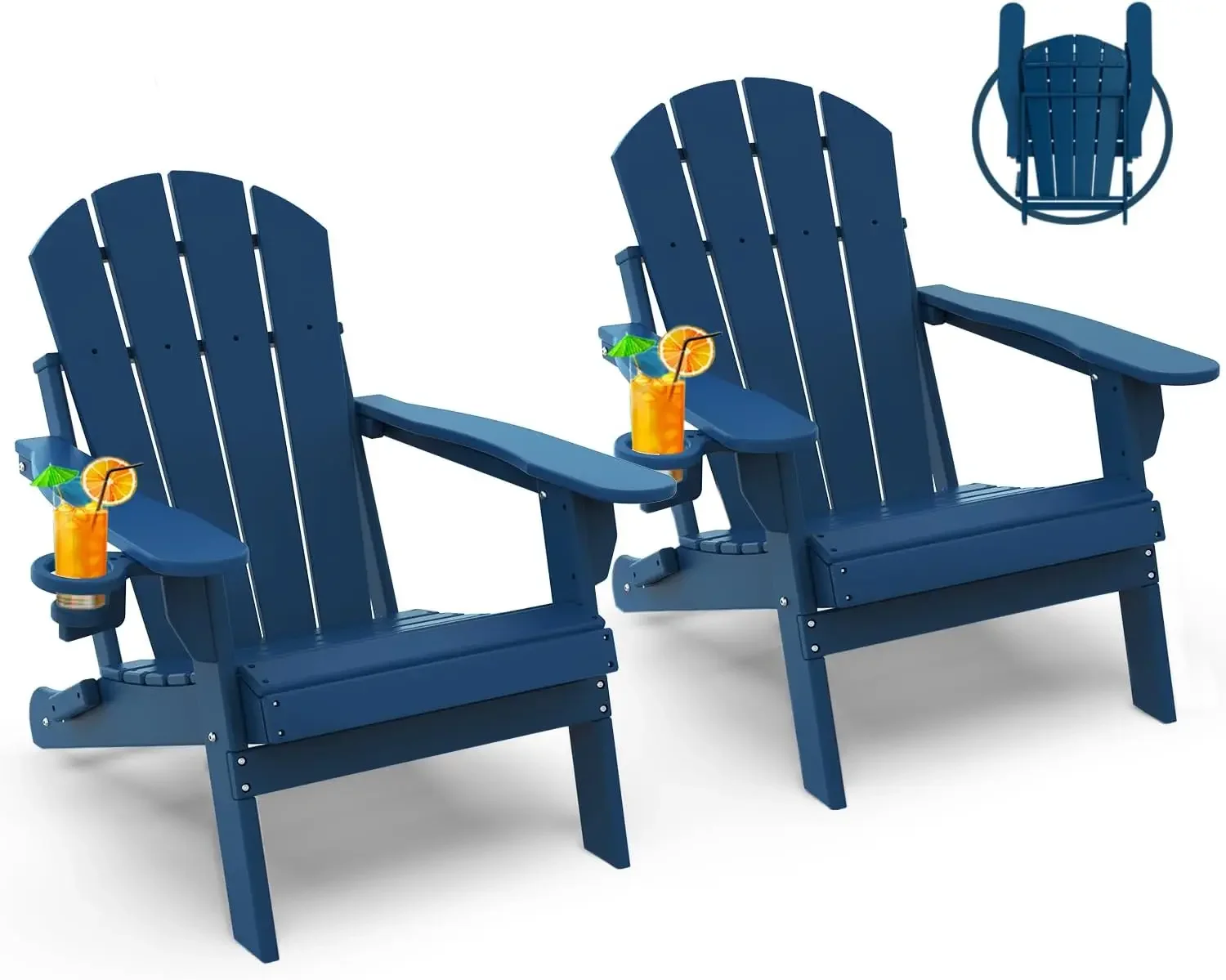 

Folding Adirondack Chairs Set of 2 | HDPE Plastic Fire Pit Chair | All Weather | Cup Holder | Blue for Deck, Backyard, Patio