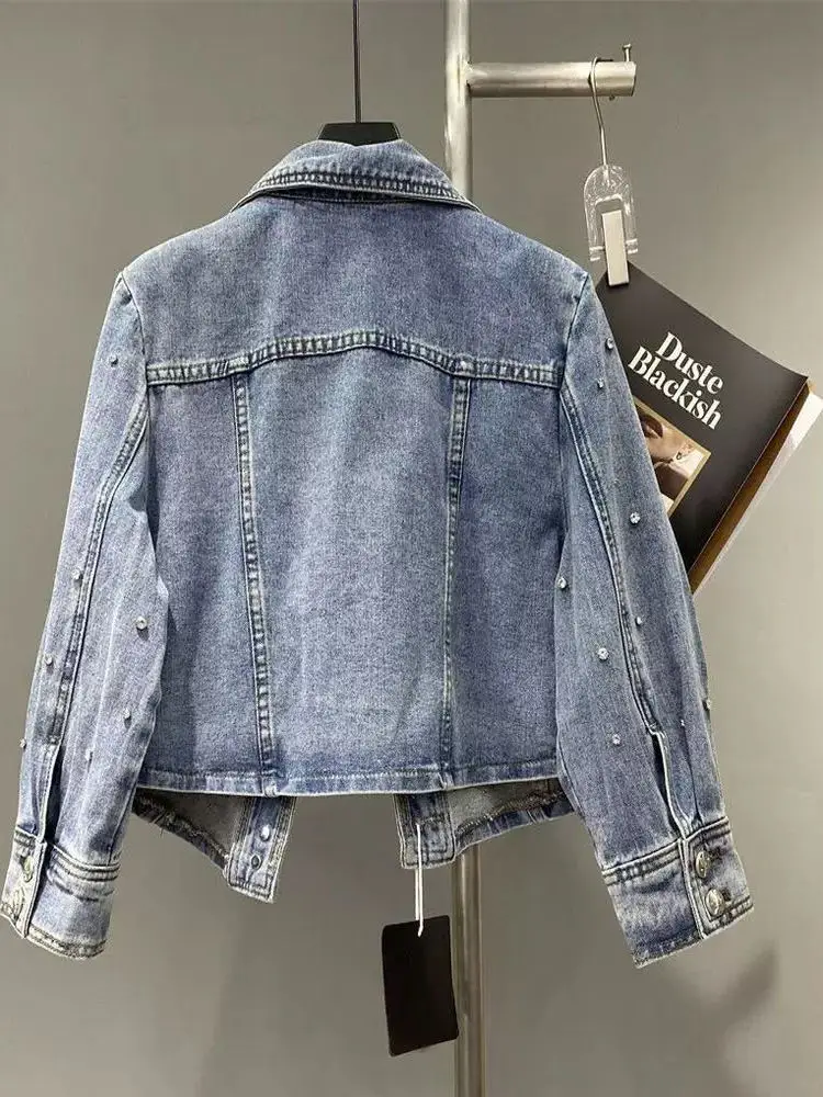 Korean  cow coat new 2025 design temperament coat bright beads autumn fashion trend denim jacket women