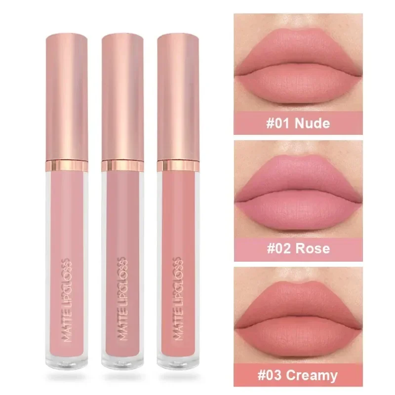 Nude Lipgloss Set para mulheres, copo antiaderente, não desbotamento, veludo, névoa, esmalte, maquiagem, 3 peças, frete grátis