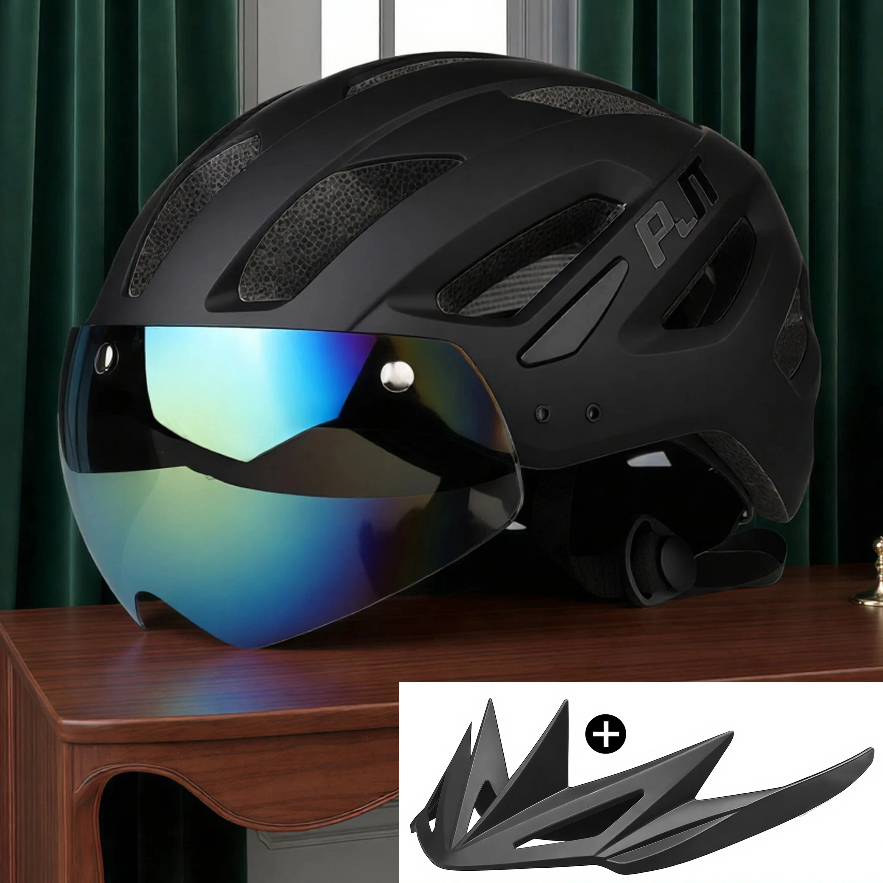 PJT Neuer Fahrradhelm mit Licht für Straße und MTB, Mountainbike-Brille / Sonnenschutz-Helm L für Männer und Frauen, Fahrradhelm mit Sonnenschutz