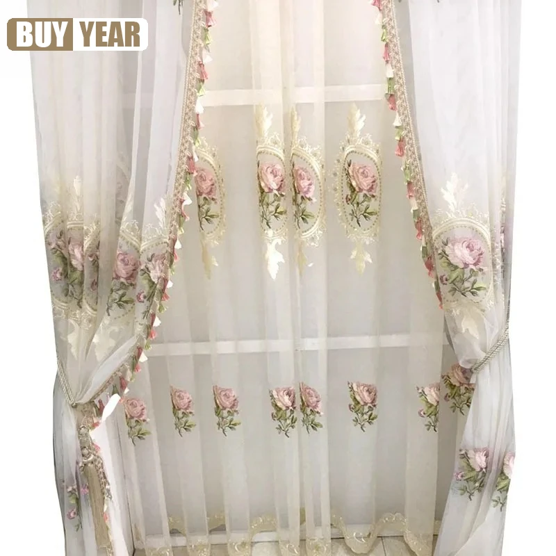 

European Luxury White Embroidery Flowers Curtains for Living Room Bedroom Peony Window Screen Panels for Tassel Tulle Custom