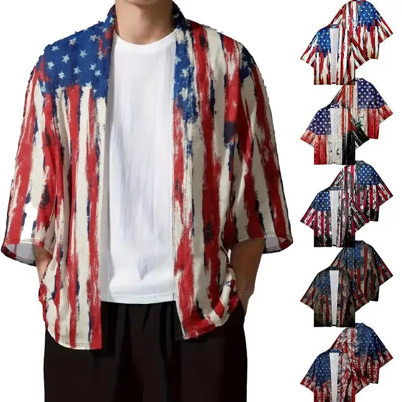 Men's American Flag Kimono Adult Summer US Flag Print Shirt Beach Cover Clothes Three Quarter Sleeve Casual Open Front Cardigan