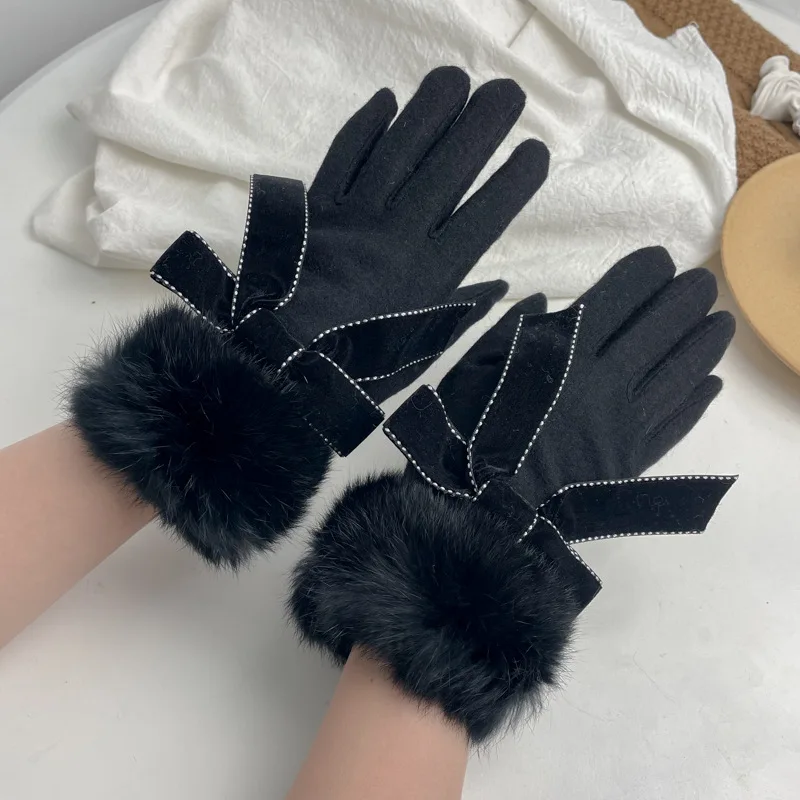 

Elegant Cashmere Winter Gloves for Women Black Gray Plush Rabbit Fur Wrist Touch Screen Gloves Autumn Female