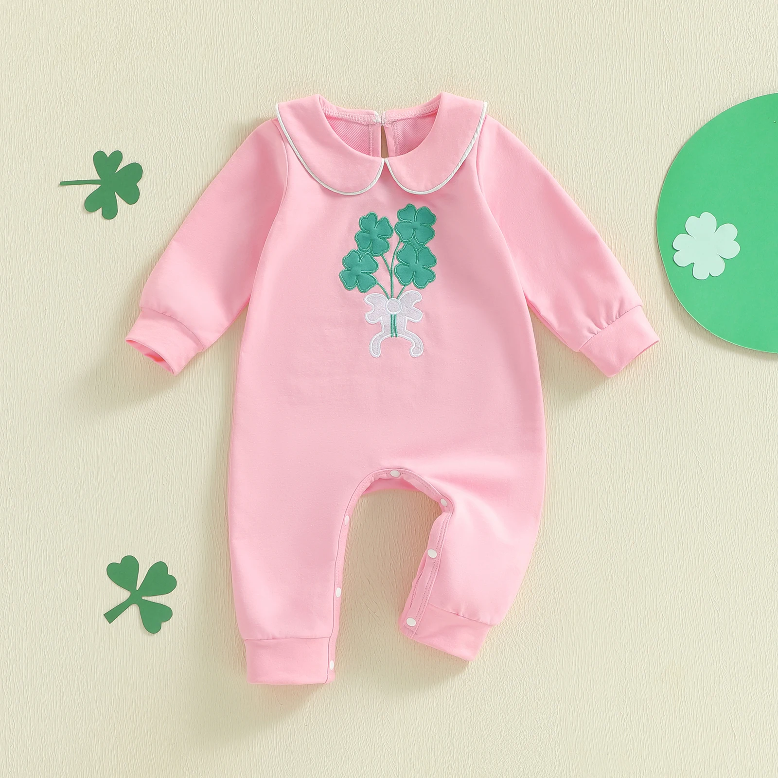 Baby Girl Spring Romper Green Clover Embroidery Doll Collar Long Sleeve Jumpsuit