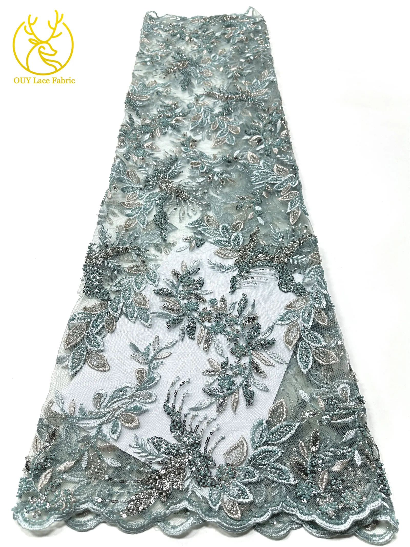Eleganter afrikanischer Perlen-Stickerei-Spitzenstoff, 5 Yards, nigerianische französische Pailletten-Tüllspitze für Damen, Partykleid, DIY-Nähen – Detail 11