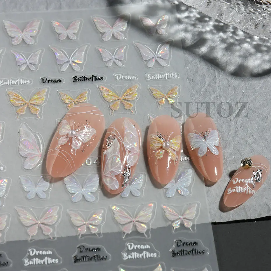 Laser Butterfly Nails Stickers 3D Relief Fairy Shiny Colourful Butterflies Design Decals Manicure Nail Charms Ornament #LB-W040