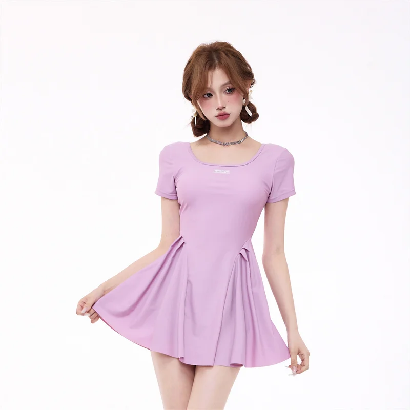 

Wisuwore Solid Color Simple Short Sleeve Conservative Skirt Boxers One-piece Bathing Suit Female Hot Spring Surf Beach Wear 2023