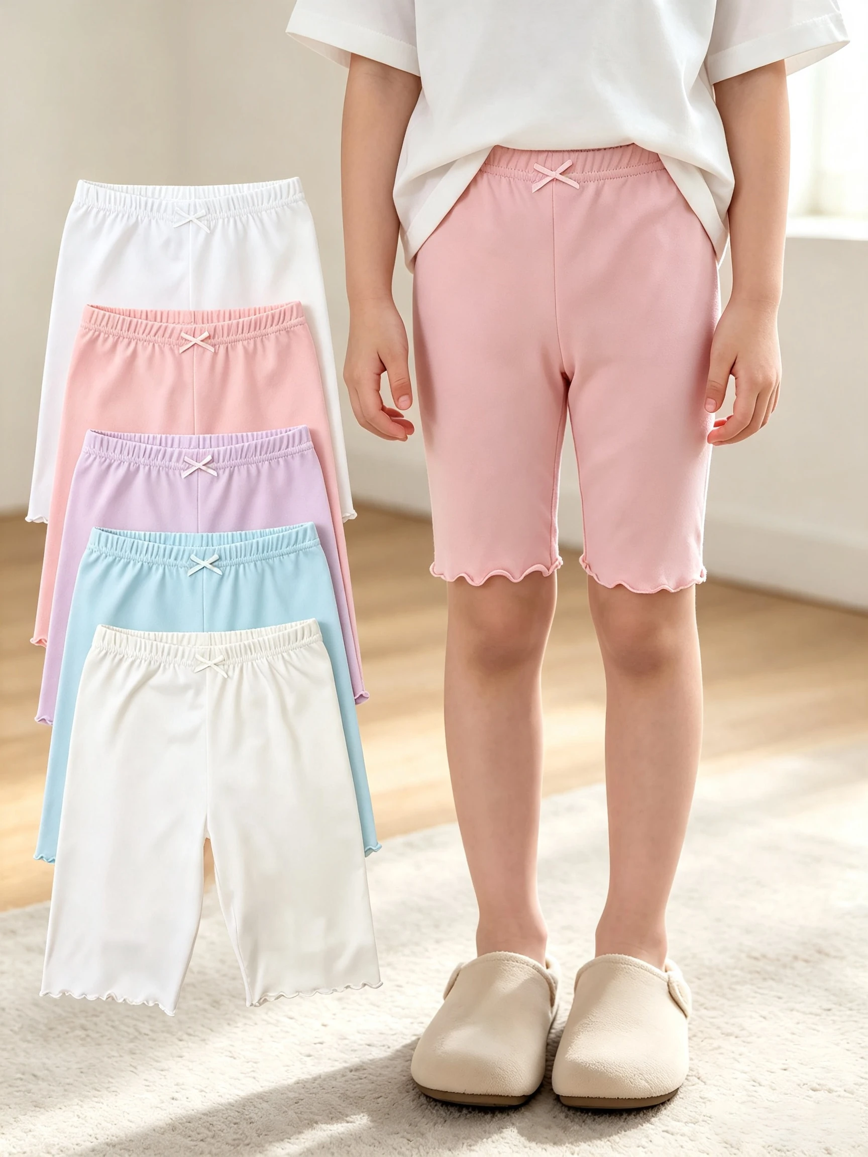 5 Pcs Girls Candy‑Color Bike Shorts Ruffle Hem Bow Decor Kids Stretchy Safety Shorts All‑Season Wearable Outside Bottoms 2‑12Y