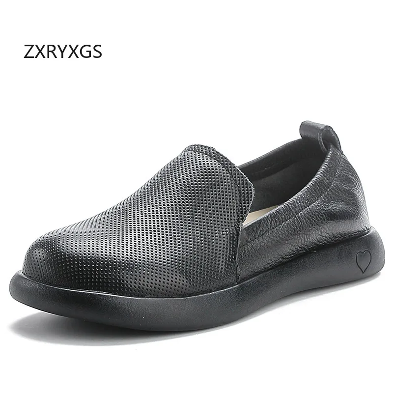 

ZXRYXGS Top Cowhide Round Toe Widened Fat Foot Women Leather Shoes Flat Shoes 2024 New Spring Fashion Casual Shoes Loafer Flats