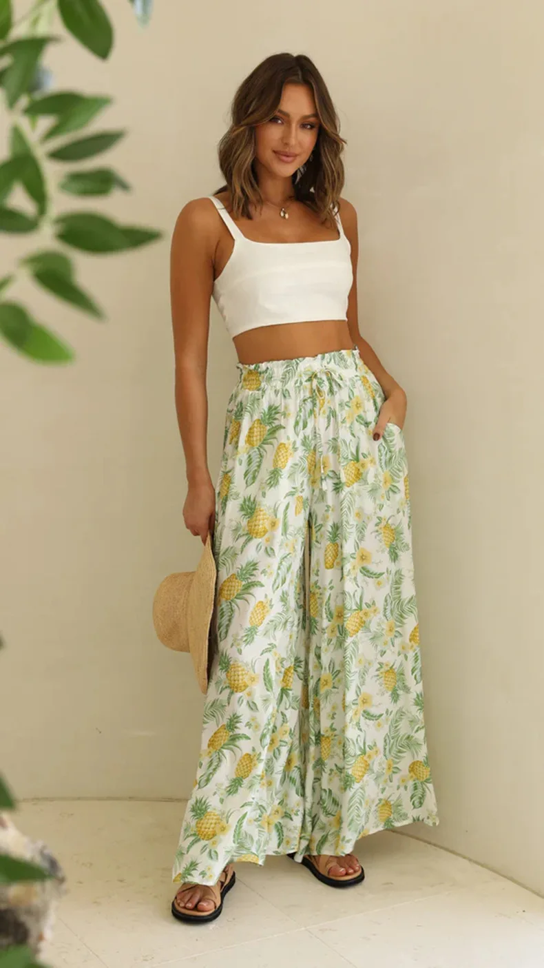 

2026 Summer New Women's High Waist Wide Leg Pants Vacation Beach outing Tropical Print Lounge Pants