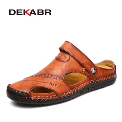 DEKABR Classic Mens Sandals Summer Genuine Leather Male Beach Sandals Soft Comfortable Outdoor Beach Slippers Slip-ON Sandals