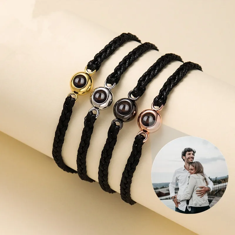 

Customized Projection Photo Leather Bracelet Stainless Steel Family Pet Couples Gift Valentine's Day Jewelry for Men & Women New