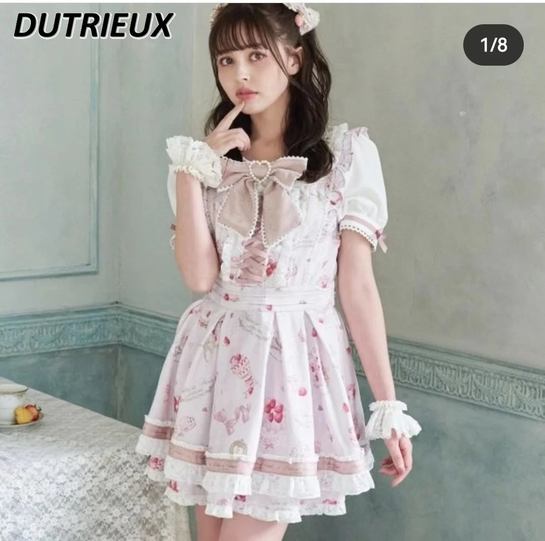 Japanese Lolita Dress Women 2024 New Summer Cute Sweet Girl Strawberry Printed Short Sleeve Midi Dress + Shorts Sets Outfits