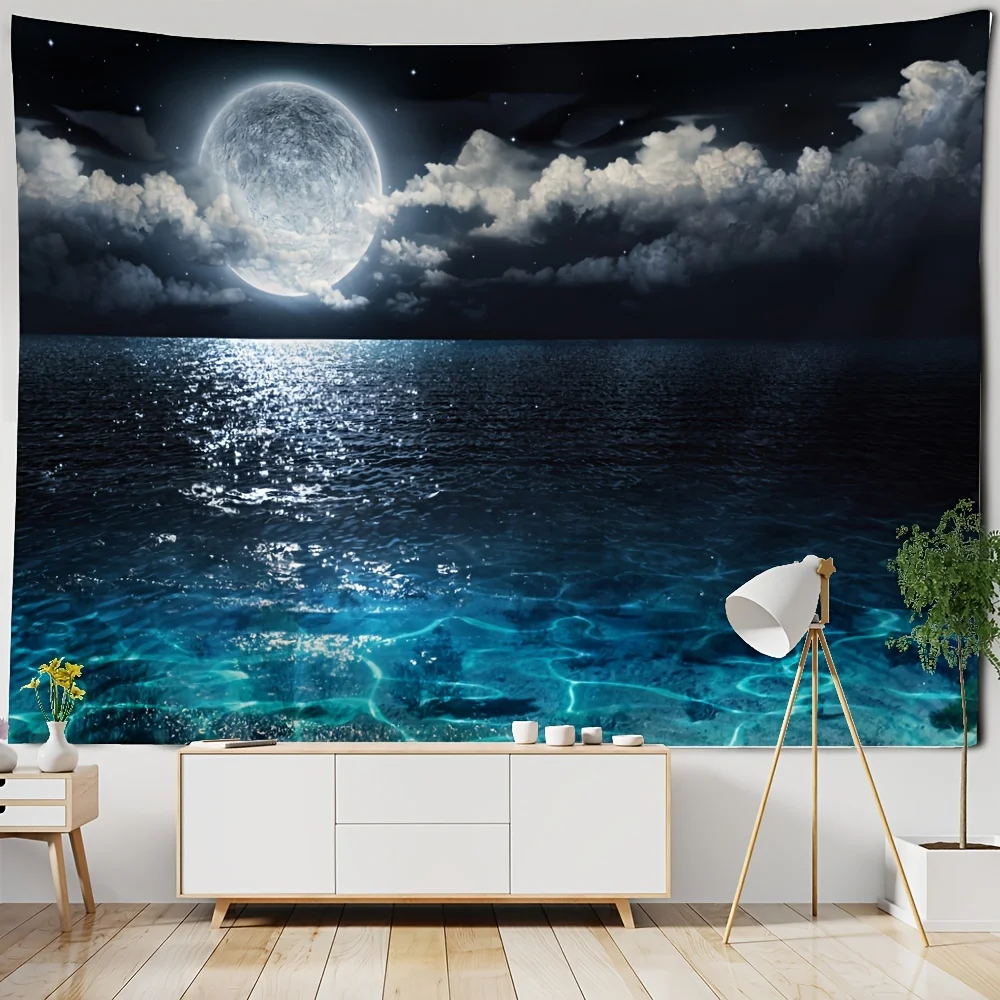 Moon Over Ocean Wall Tapestry Night Sky Sea View Bedroom Decor Calm Nature Art Modern Home Design Serenity Poster Landscape