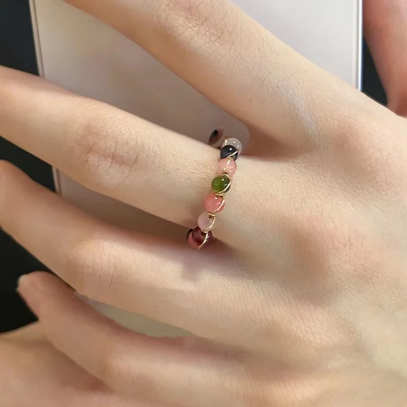 Natural Stone Rainbow Tourmaline Ring Fashion Retro Handmade Metal Wire Winding Beaded Open Adjustable Ring Female Charm Jewelry